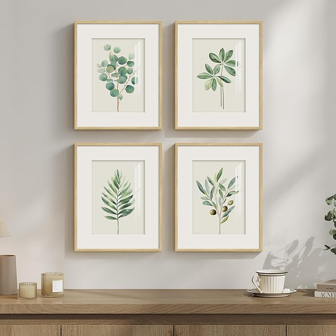 Framed Sage Green Botanical Wall for Kitchen, 4 Piece Minimalist Modern Farmhouse Plant Artwork for Walls, Boho Green Leaf Picture Prints for Kitchen Bathroom Bedroom Living Room Decor, 8x10 Inch