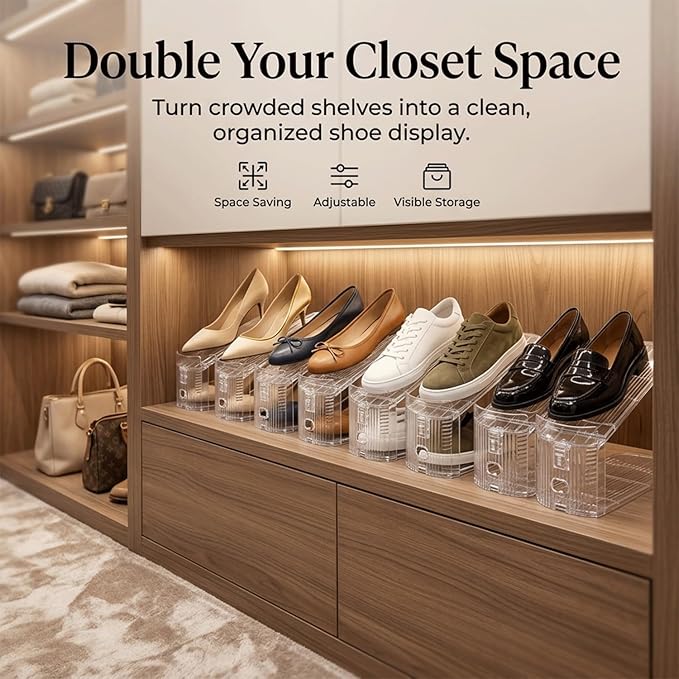 14 Pack Shoe Slot Organizer, Double Layer Space Saver, 3 Levels Adjustable, Durable and Stackable Shoe Holder for Sneakers Heels and Flat.