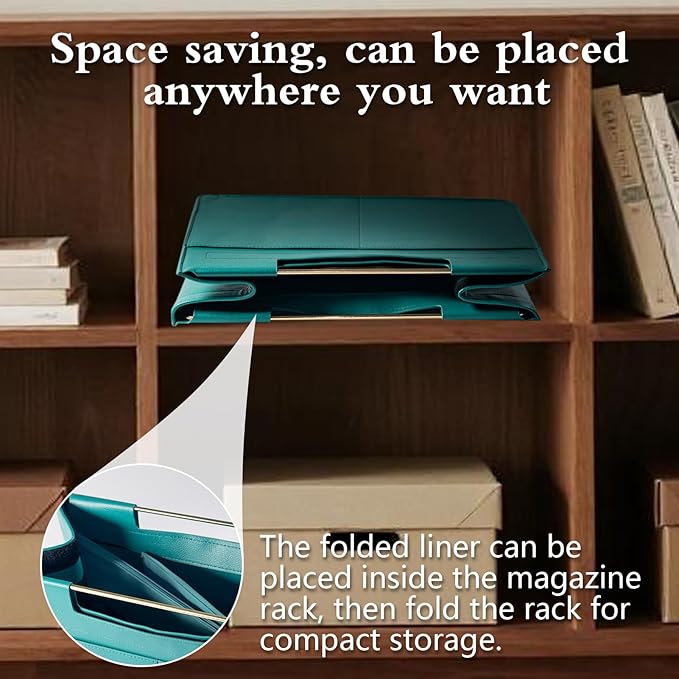 Leather Magazine Holder Foldable with Handles，Stable Magazine Rack Floor，Magazine Basket File Holder Storage，Document File Folder Organizer Free Standing for Office Living Room (green)