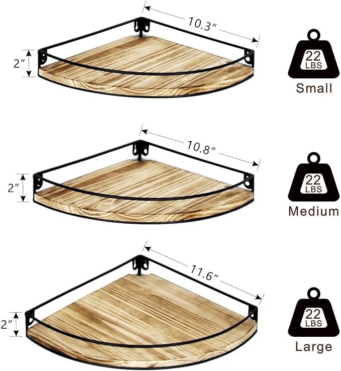 Corner Shelf Wall Mounted, Set of 3 Corner Floating Shelves with Cord Hole and Guardrail for Cable Box, Baby Monitor Pet Cameras, Speaker, Nursery Kitchen Living Room Bathroom, Rustic Brown