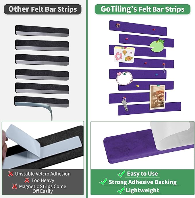 Cork Board for Walls - 8 Pack Felt Pin Board Bar Strips - Self-Adhesive Lightweight Bulletin Board - Cork Board for Office with 40 Push Pins No Damage for Wall (Violet)