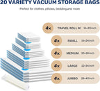Simple Deluxe Vacuum Storage Bags 20 Pack, Space Saver Bags with Hand Pump, Vacuum Seal Bags for Clothing Travel, Comforters, Blankets, Bedding, Pillows (4 Jumbo/4 Large/4 Medium/4 Small/4 Roll M)