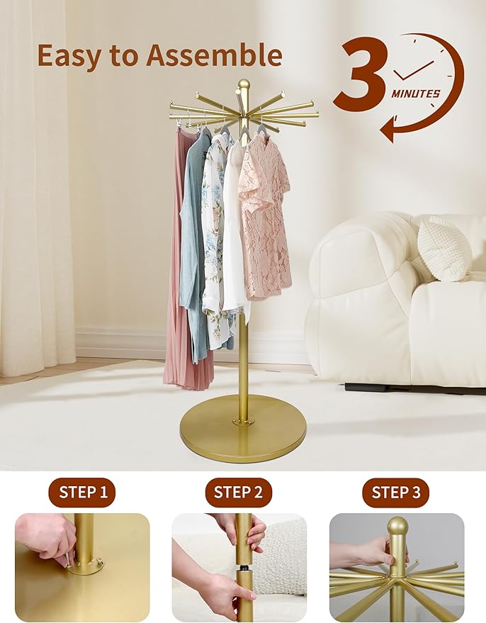 23 Inch Rotating Scarf Display Rack,Metal Purse Rack with 12 Hooks & Adjustable Base, 100 LBS Capacity, Freestanding Premium Retail Handbag Rack for Home & Commercial Use,Gold