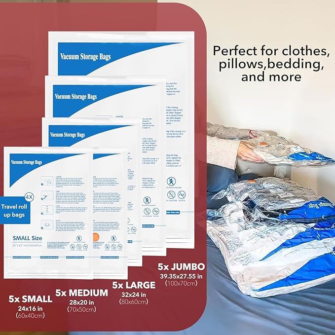MEIQIHOME Vacuum Storage Bags, Space Saver Sealer Bags,Vacuum seal bags for clothing, Pillows, Comforters, Blankets, Bedding,32 COMBO