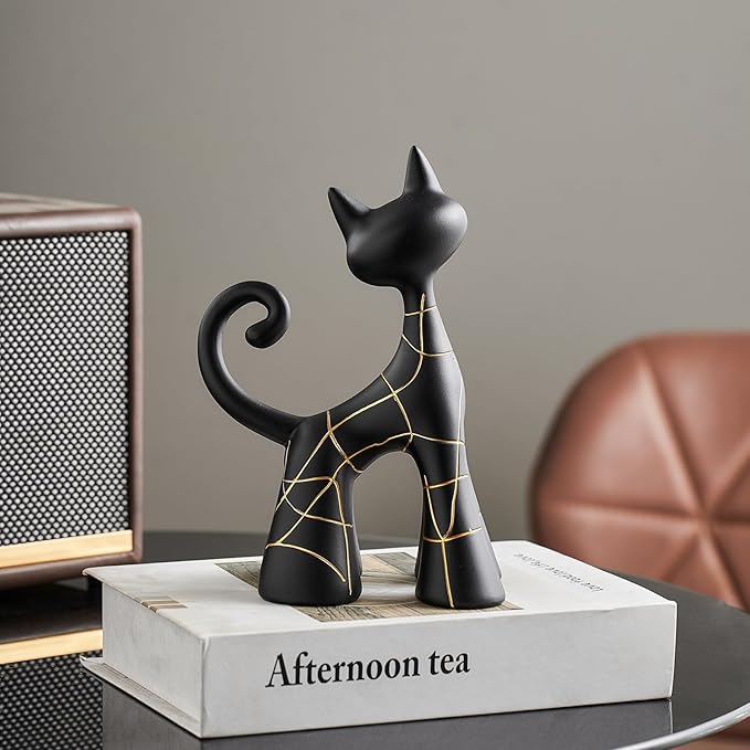 Octdays Modern Cat Statue Decor, Matte Black Abstract Cat Figurine with Hand-Painted Lines, Unique Resin Sculpture for Living Room, Bookshelf, Office, Minimalist Home Decor Gift for Cat Lovers