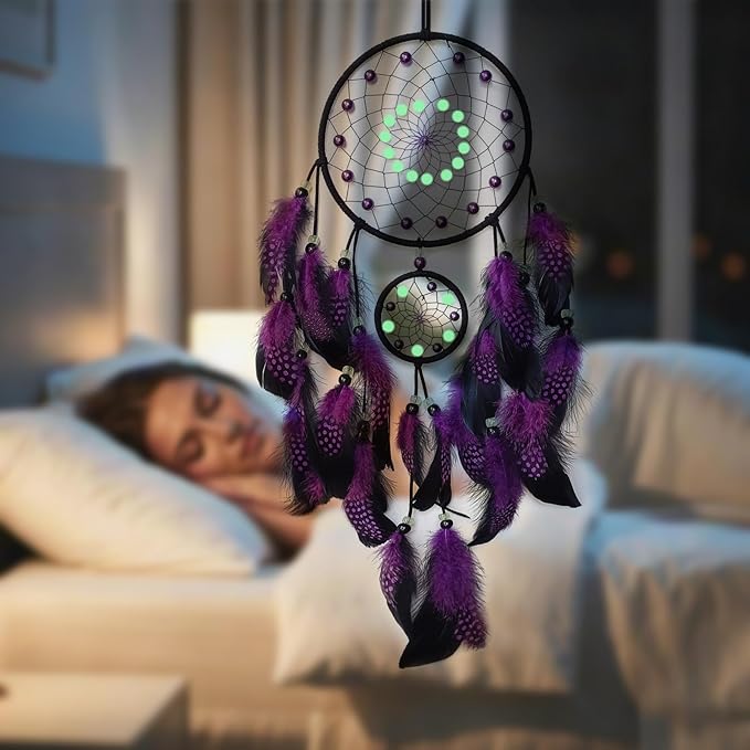 Purple and Black Dream Catcher Wall Decor Feather Dream Catchers with Luminous Bead Handmade Dreamcatcher Wall Hanging Ornament for Bedroom Living Room Home Decor