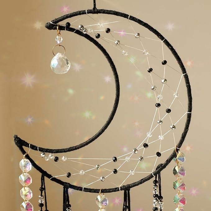Artilady Crystal Dream Catchers Crystals - Large Black Boho Moon Dream Catcher Wall Decor House Decorations for Home Bedroom Room Decor Christmas Birthday Gifts for Girls Kids Adults