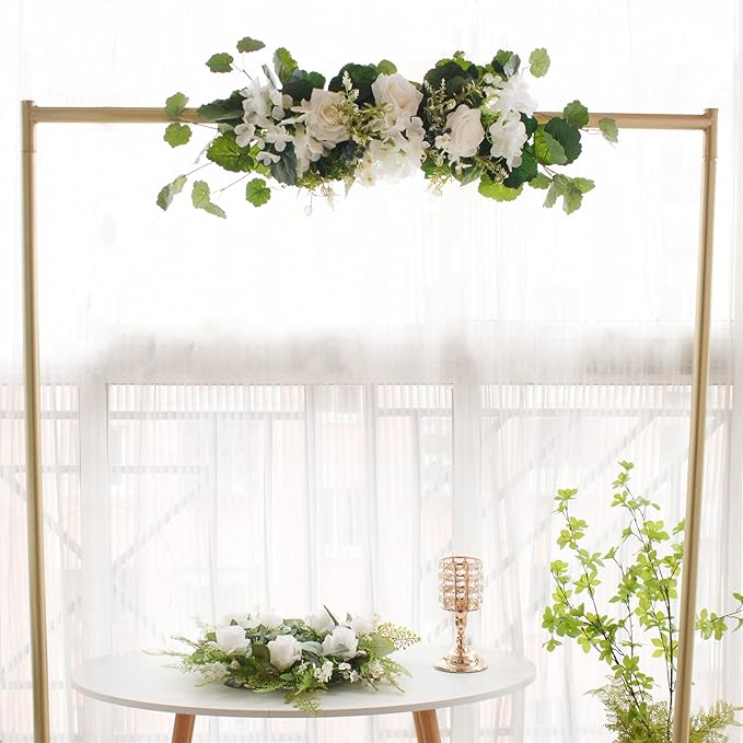 29.5in Artificial Peony Floral Swag, Simulation Mixed Flower Lintel Wall Hanging Faux Floral Swag Wreath with Green Leaves, Wedding Arch Garland for Ceremony Table Centerpiece (Magnolia)