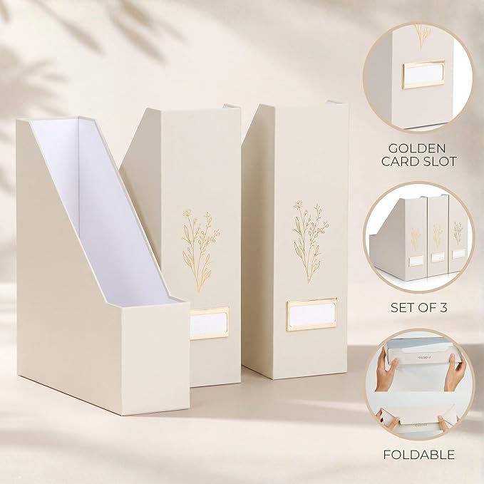 Beautiful Magazine Holder Set of 3 - Sturdy File Holder to Organize Your Desk Or Shelves - The Perfect Office Storage to Effortlessly Organize Your Paperwork/Files, Magazines, Books Or Binders