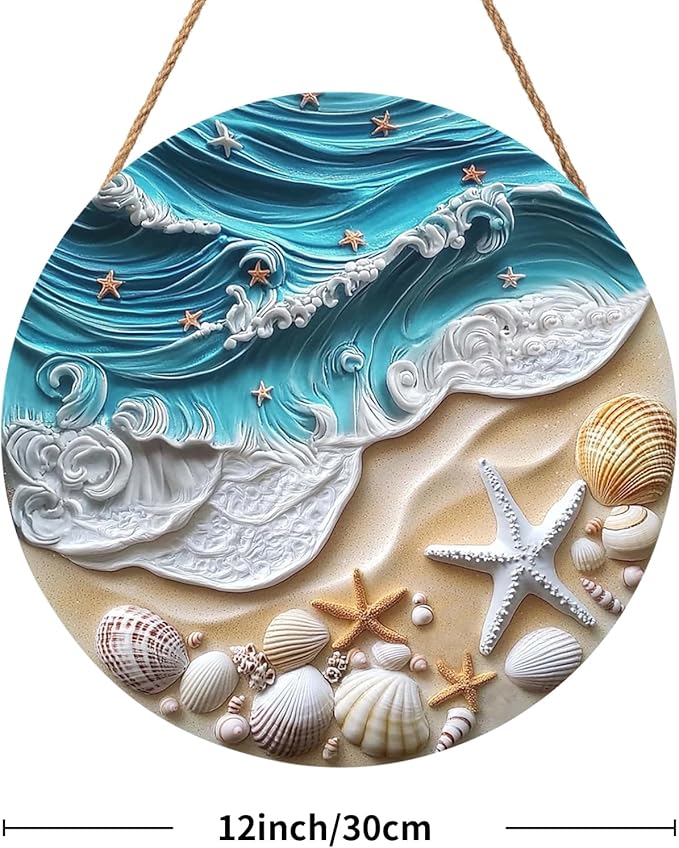 Beach Signs Coastal Coral Wreath for Front Door Hello Summer Door Hanger Nautical Sea Welcome Sign Ocean Starfish Theme Decorations Wooden Plaque for Indoor Wall Hanging Outdoor Outside Porch 12"x12"