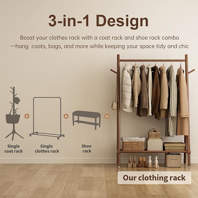 Solid Wood Clothing Rack, Rolling Clothes Rack for Hanging Clothes, Garment Rack with Shelves Load 350 Lbs, Portable Closet Organizer on Wheels for Hanging Clothes (Walnut)