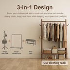 Solid Wood Clothing Rack, Rolling Clothes Rack for Hanging Clothes, Garment Rack with Shelves Load 350 Lbs, Portable Closet Organizer on Wheels for Hanging Clothes (Walnut)