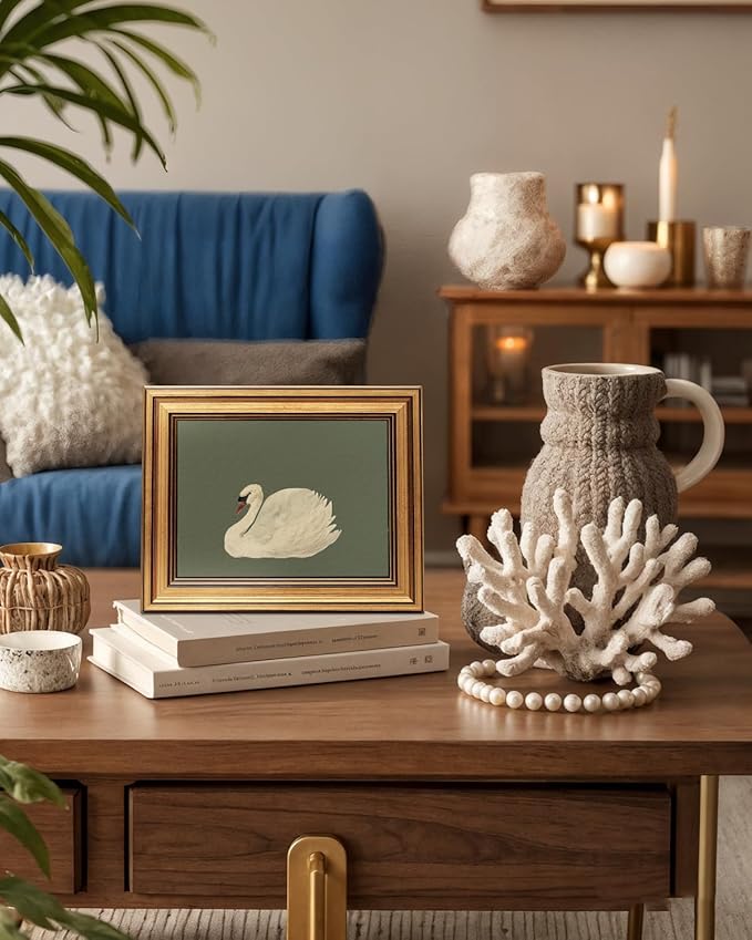VIYYIEA Vintage Gold Framed Wall Art for Living Room, Swan Canvas Prints Home Decor, Oil Painting Picture, Bedroom Wall Decor Gifts for Friends or Family -【Swan Green】-(10L x 8W)