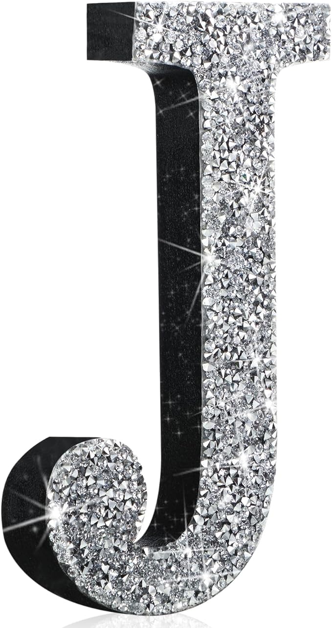 Qunclay 12'' Silver Crystal Diamond Bling Letters Crushed Diamond Decoration Wooden Glitter Letter with Screw and Hooks Rhinestone Gift for Wedding Y2k Mcbling Bedroom Wall Decor (Letter J)