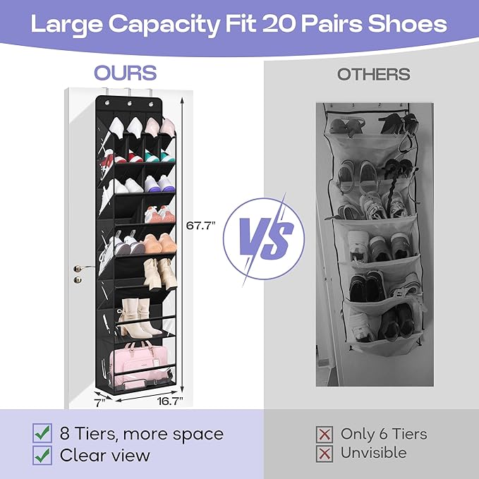 MISSLO Clear Over the Door Shoe Organizer Large Deep Pockets Hanging Shoe Rack for Closet Fit 20 Pairs Shoe Holder for Sneakers Boots Storage, Black