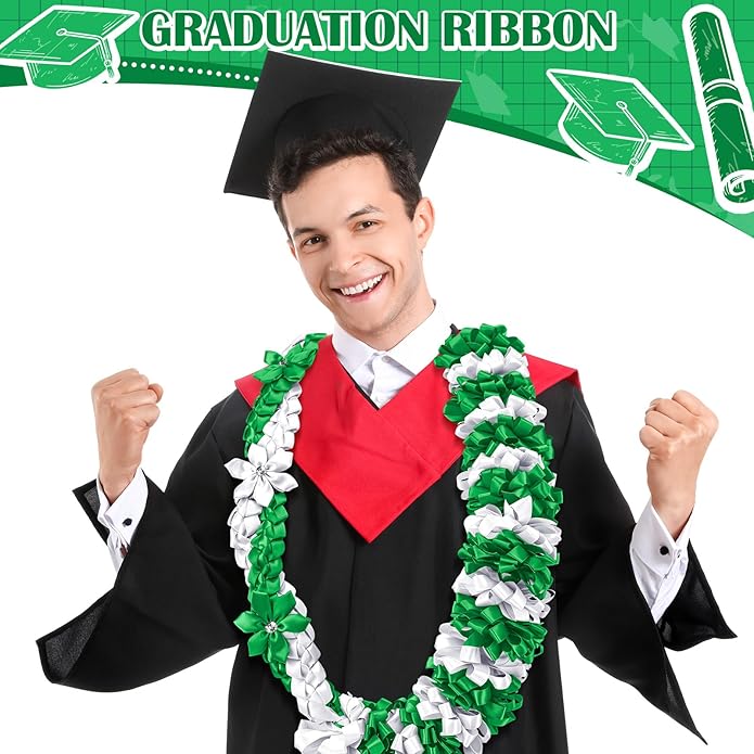 Canlierr Graduation Leis Class of 2026 Grad Ribbon Leis Double Braided Necklace Hawaiian Flower Garland with Heart Kukui Nut for Man Woman Graduation Party Supplies