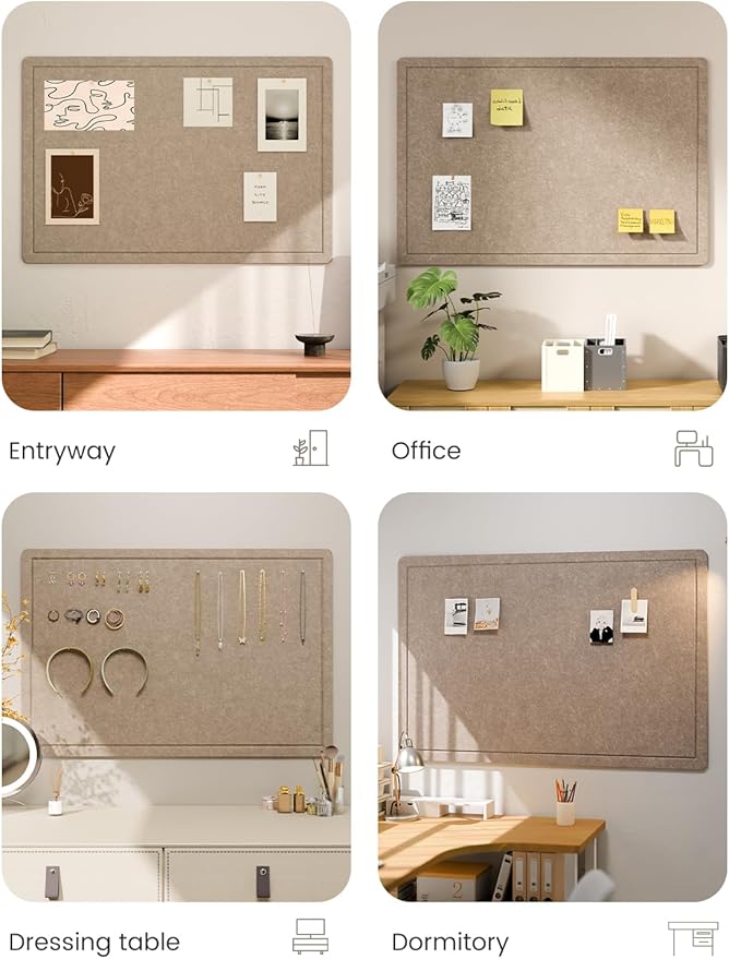 Fluxynara Bulletin Board,35.4" x 23.6" Cork Board Alternative with 12 Safe Removable Adhesive Tabs, Foldable Felt Pin Board for Home Office, Classroom, Bedroom,Entryway for Walls—Taupe
