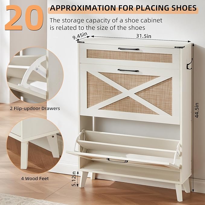 LEYAOYAO Shoe Storage Cabinet for Entryway with 2 Rattan Flip Drawers, Boho Narrow Shoe Cabinets for 16-20 Pairs Shoes with Large Drawers, Hidden Slim Shoe Rack with Wood Legs for Hallway, Off White