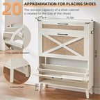 LEYAOYAO Shoe Storage Cabinet for Entryway with 2 Rattan Flip Drawers, Boho Narrow Shoe Cabinets for 16-20 Pairs Shoes with Large Drawers, Hidden Slim Shoe Rack with Wood Legs for Hallway, Off White