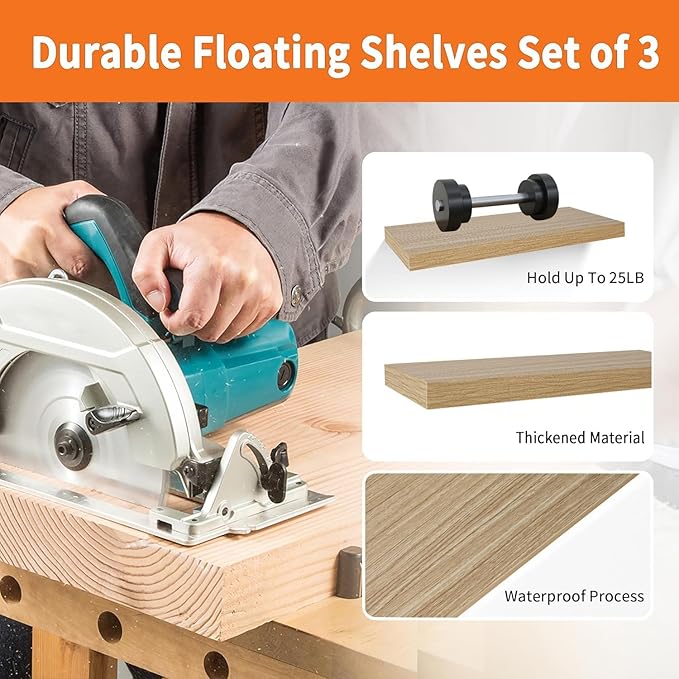 Upassion Floating Shelves for Wall Set of 3, 16" Light Brown Wood Wall Shelves for Home Decor, Frame Display Floating Shelf for Living Room, Bedroom, Bathroom, Kitchen