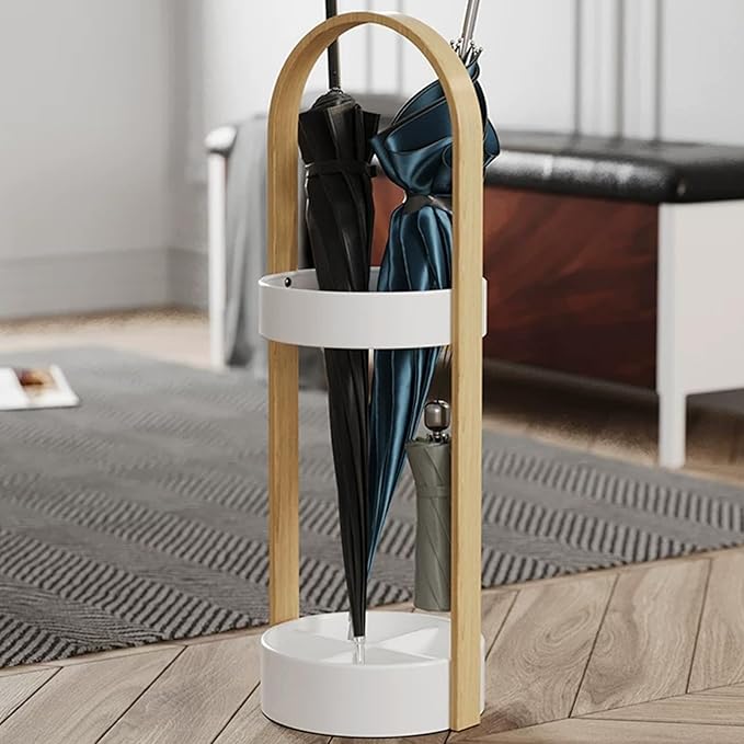 Metal Round Umbrella Stand Rack with Water Collection Tray, Solid Wood Umbrella Holder with Multiple Hooks, Canes Storage Stand Rack for Office, Home, Entryway(White)