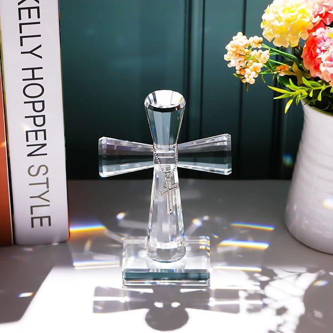 YWHL Handmade Crystal Cross Standing Religious Gifts for Women Men, Glass Cross Collectible Figurines for Home Decoration