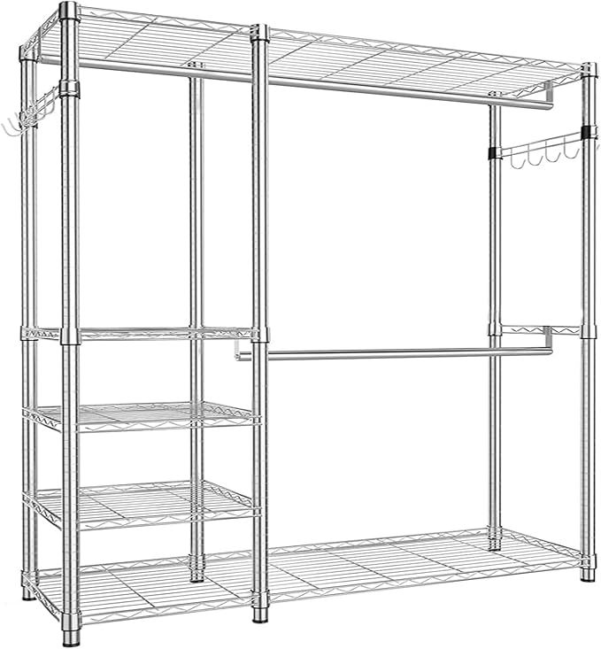 Simple Trending Heavy Duty Clothing Rack Loads 450 LBS, Garment Racks with Adjustable Shelves for Hanging Clothes, Metal Wardrobe Closet, Chrome