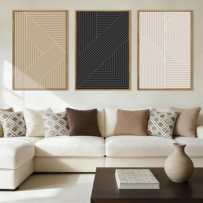 Large Neutral Abstract Wall Art Framed Mid Century Modern Canvas Paintings Artwork Geometric Wall Decor Modern Abstract Artwork Minimalist Art Prints Boho Home Decor for Living Room Bedroom Bathroom Office 36x24 Inch Set of 3