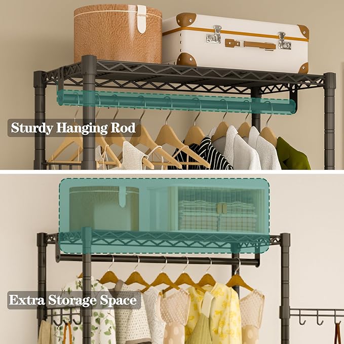Heavy Duty Rolling Garment Rack, 3 Tiers Wire Shelves Adjustable Freestanding Portable Rolling Clothing Rack with Lockable Wheels, 35.4''L x 15.8''W x 78.8''H, Max Load 420LBS