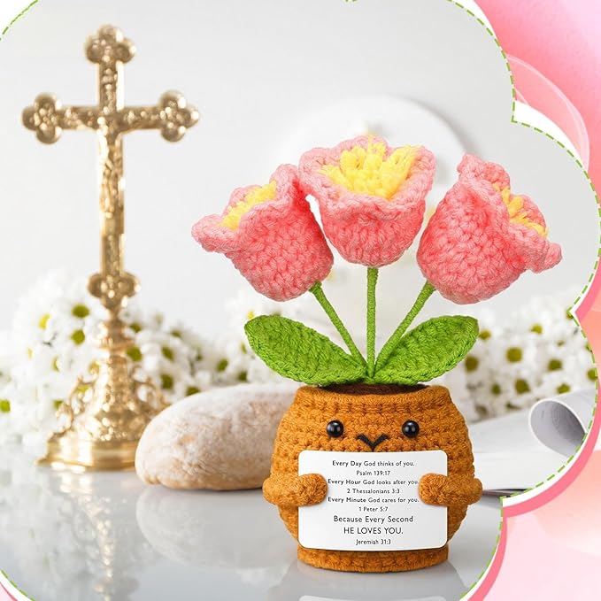 Wavwavw Christian Gift for Women Positive Handmade Crochet Doll with Bible Verse Prayer Card Inspirational Scripture Religious Crochet for Christmas Sunday Group Church(Pink Lily Valley)
