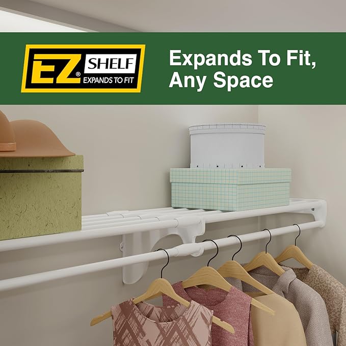 EZ Shelf - Closet Shelf with Hanging Rod - 64.3-119” Expandable, White, Closet Shelves - Strong, Holds 200 lbs - Easy Install - 1 Side Wall & Backwall with 1 End Bracket, Alternative to Wire Shelving