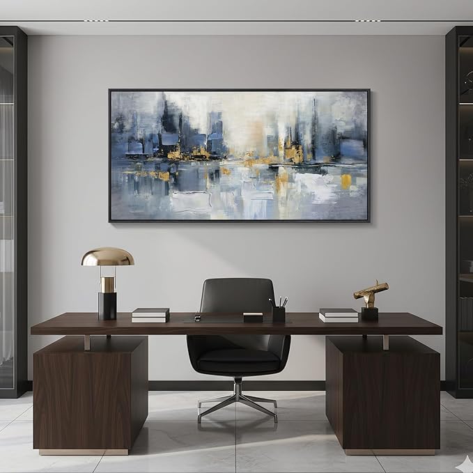 Framed Blue Abstract Wall Art for Living Room, Extra Large Modern Cityscape Canvas Artwork for Walls, Horizontal Contemporary Painting Print for Living Room Bedroom Office Wall Decor, 30x60 Inch