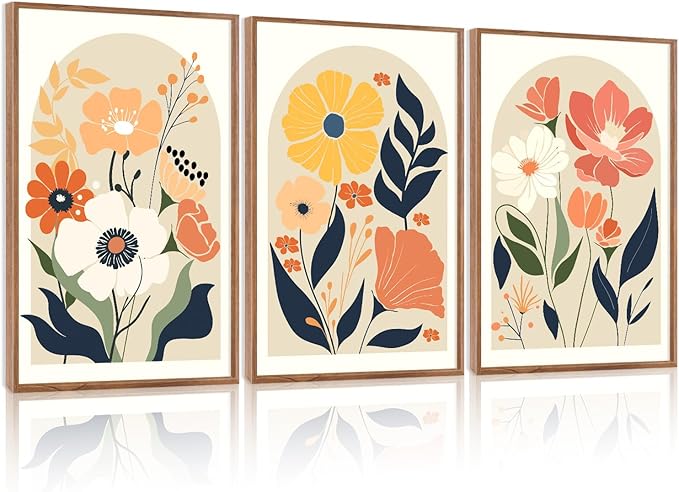 KAIRNE Boho Canvas Wall Art,Abstract Floral Wall Decor,Modern Minimalist Prints Set of 3(16”X24”),Botanical Wall Art Paintings,Bohemian Mid Century Artwork for Living Room Bedroom Office Decor,Framed