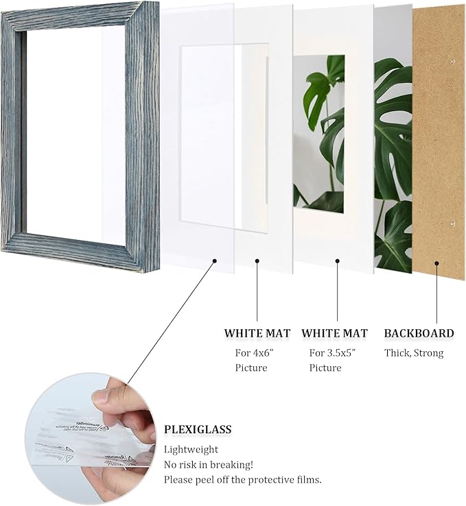 Egofine 5x7 Picture Frames Set of 4, Made of Solid Wood Covered by Plexiglass 3.5x5 and 4x6 with Mat or 5x7 without Mat, for Table Top Display and Wall Mounting Photo Frame Rustic Blue