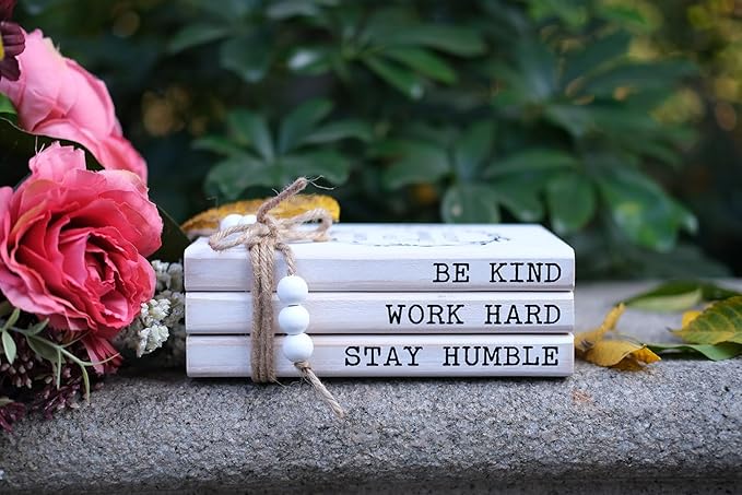 LIVDUCOT Wooden Decorative Books for Home Decor, White Faux Books for Rustic Decoration, Farmhouse Stacked Book Decor for Living Room, Entryway, Bookshelf （Be Kind Work Hard Stay Humble）