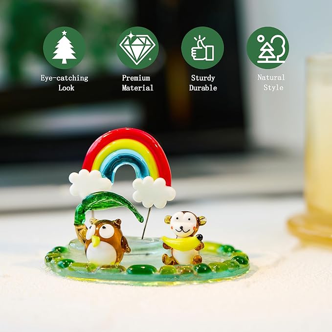 H&D HYALINE & DORA Blown Glass Owl and Monkey Figurine Miniature Aniamal Figurine with Round Base Handmade Glass Animal Collectible Figure for Christams Home Tabletop Decor