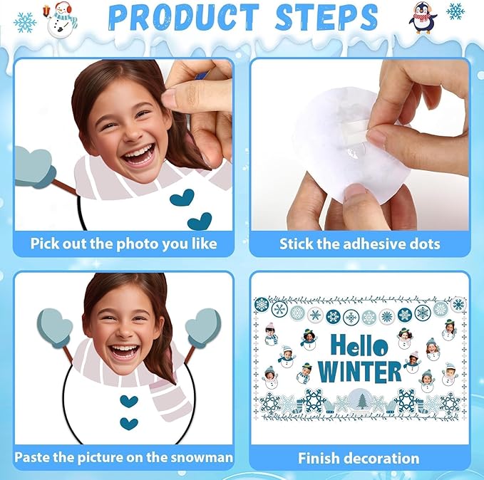 Hello Winter Bulletin Board Set Snowflake Border Classroom Decorations DIY Photo Holiday Snowman Paper Cutouts for Christmas Chalkboard School Home Wall Teacher Supplies