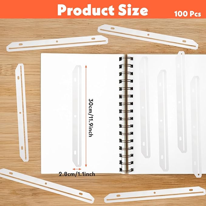 100 Pcs Clear 3 Hole Punched Magazine Holders, 11.9x1.1 Inch Plastic Binder Insert Strips for 3 Ring Binders, File Book Craft Paper Organizer