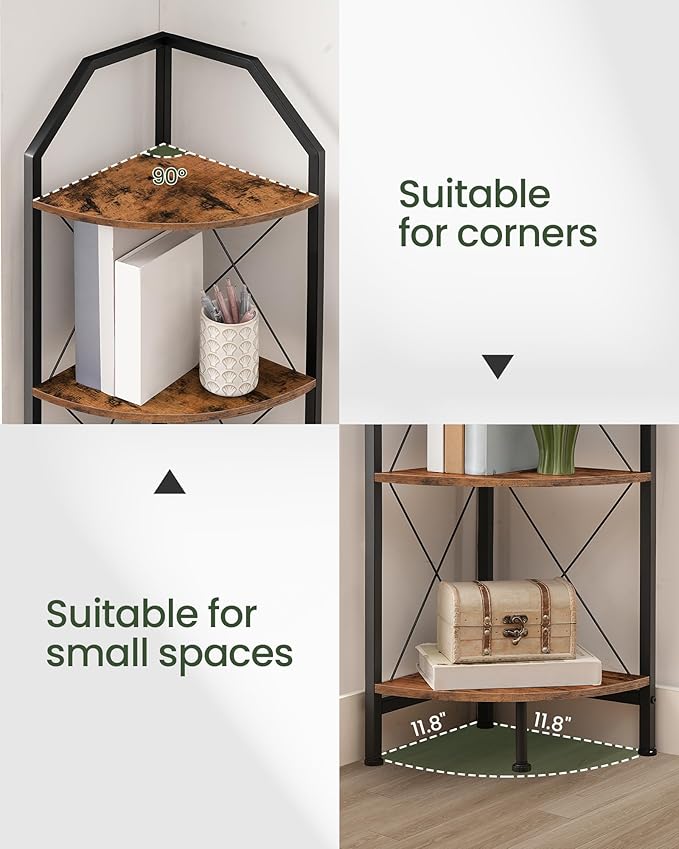 CHOEZON 4-Tier Rustic Brown and Black Corner Shelf, 4-Shelf Industrial Corner Bookshelf, Space-Saving Corner Storage Stand, Plant Stand Display Shelf, Bedroom, Living Room, Home Office