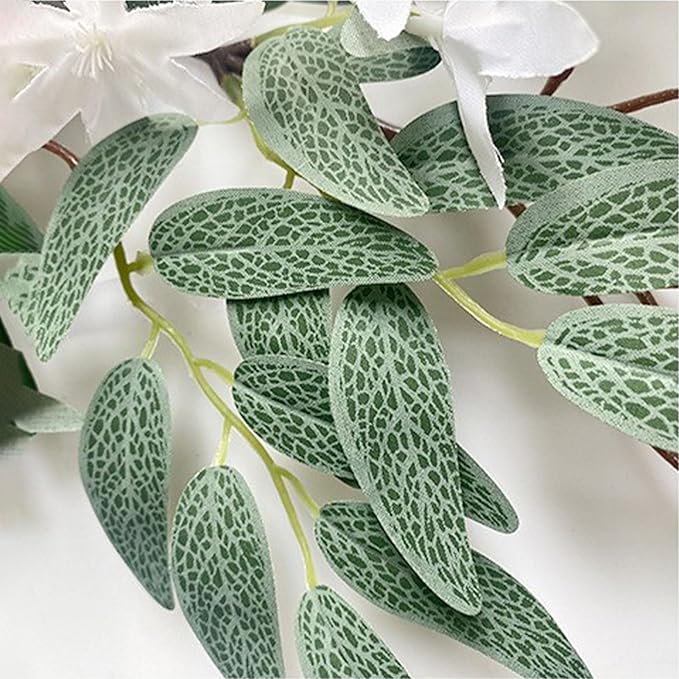 Artificial Hydrangea Teardrop Swag Hanging Floral Spring Swag Wreath with Willow Leaves Fake Plant Ivy Branch for Front Door Wedding Arch Window Wall Decor(White)