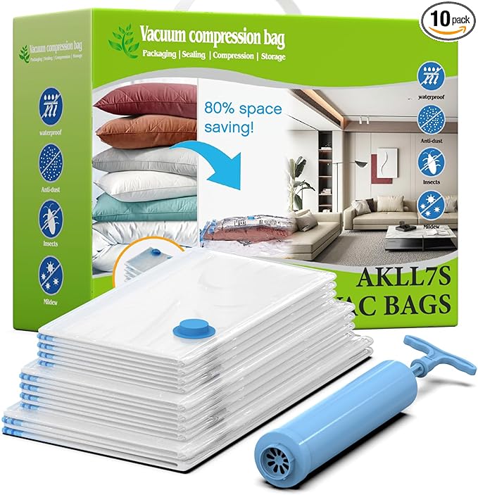 AKLL7S Vacuum Storage Bags, 10 Pack Space Saver Bags (2 Jumbo/4 Large/4 Medium) Vacuum Seal Bags for Clothing, Comforters, Blankets, Travel(Hand Pump Included)