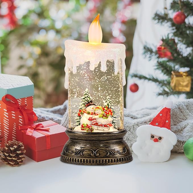 GenSwin Christmas Snow Globe Candle, Swirling Glittering Candle with Timer, Music, Snowmans Scene, Winter Snow Shaped Lantern, USB/Battery Operated Candles for Christmas Decoration