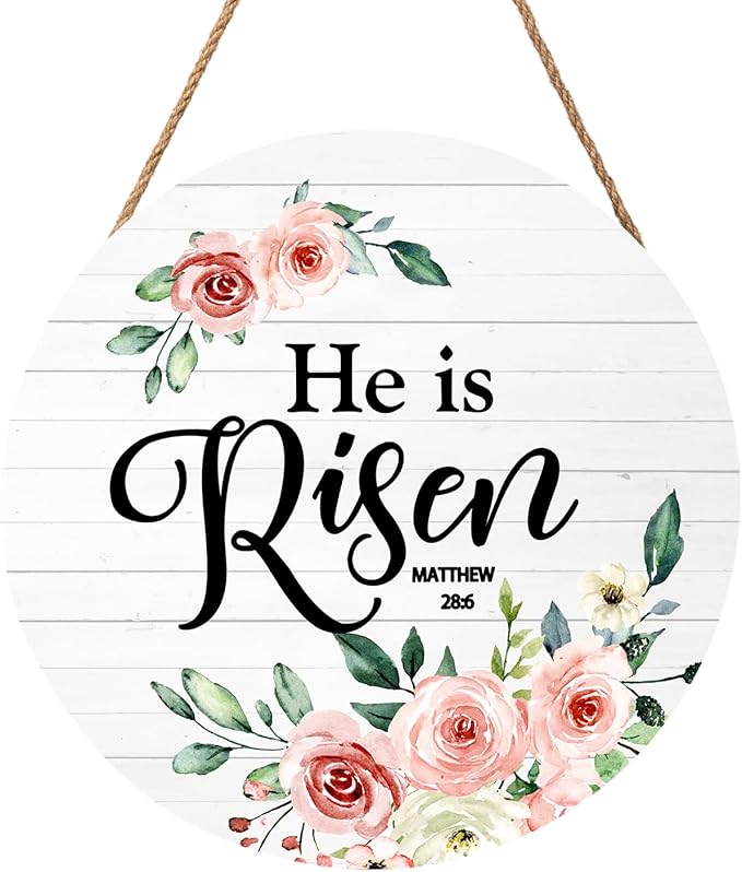Harooni Easter Sign He is Risen Wooden Hanging Plates 12"x12" Religious Door Hanger Sign