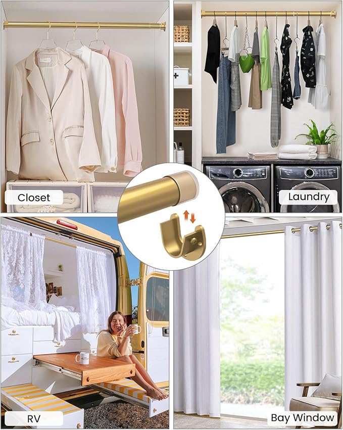 Closet Rods for Hanging Clothes, 17 to 99 Inches Stepless Adjustable Metal Closet Rod, 1.3 Inches Heavy Duty Clothes Hanging Rod for Closet Wardrobes Laundry RV, Golden