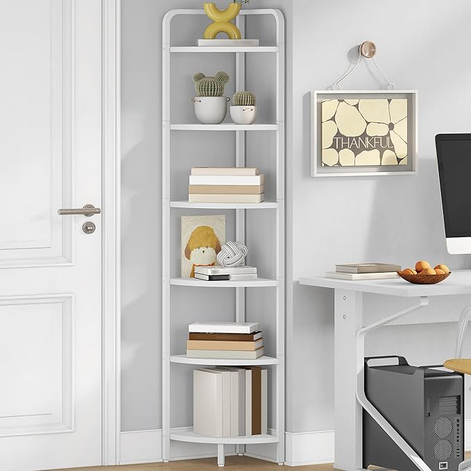 Hzuaneri Corner Shelf Stand, Corner Bookshelf, Plant Shelf, Corner Display Rack, Standing Shelf with Metal Frame for Living Room, Bathroom, Kitchen, Industrial Style, 6 Tier White CS06613W