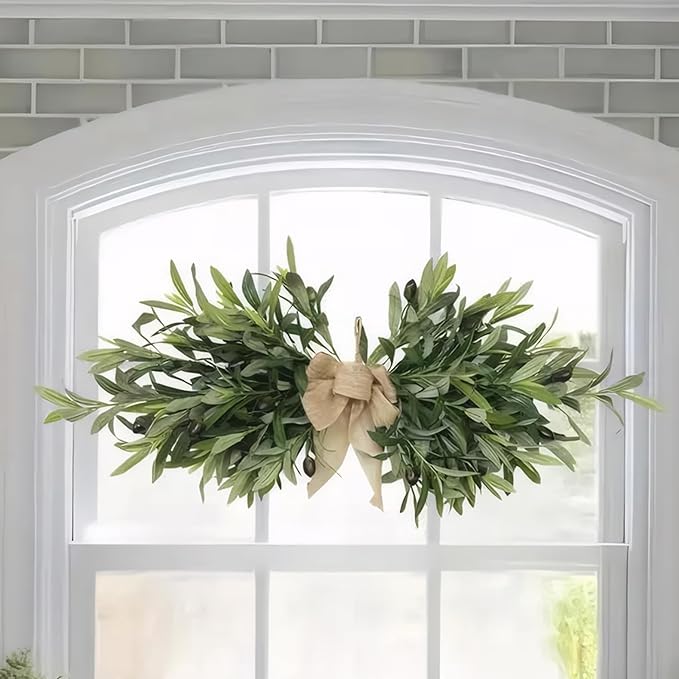 Greenery Swag, 24inch Artificial Olive Branches Swags with Bow, Summer Eucalyptus Wreath for Wedding Arch Party Wall Home Garden Decorations