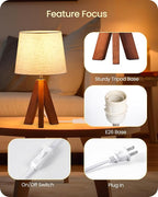 Tripod Table Lamps Set of 2, Small Bedside Lamps, Modern Nightstand Lamp with Dark Pearwood Base & Beige Shade, Boho Desk Light for Bedroom, Kids Room, Living Room, Office, Study, LE51TLP205