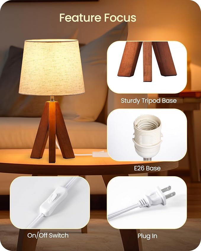 Tripod Table Lamps Set of 2, Small Bedside Lamps, Modern Nightstand Lamp with Dark Pearwood Base & Beige Shade, Boho Desk Light for Bedroom, Kids Room, Living Room, Office, Study, LE51TLP205