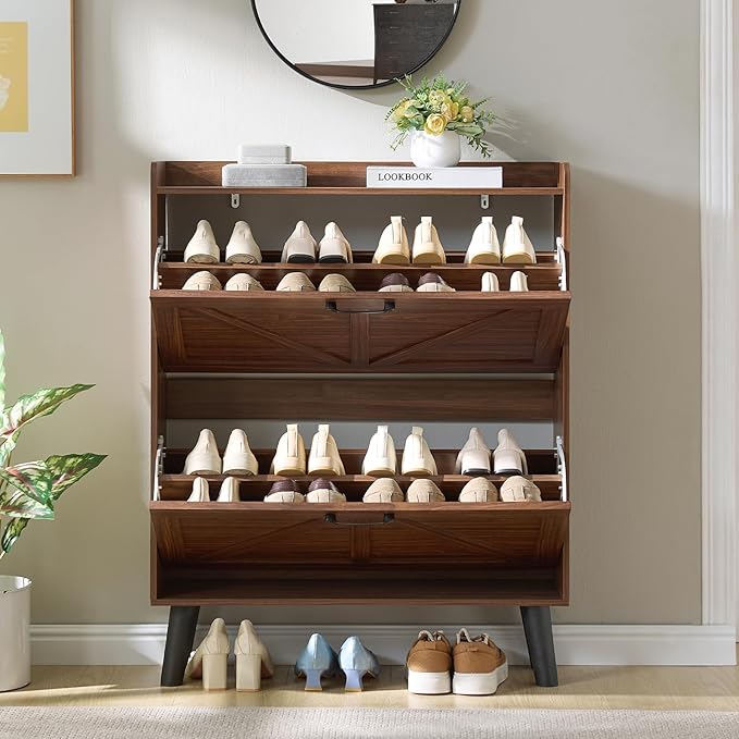 LEYAOYAO Shoe Storage Cabinet with 2 Flip Drawers，Narrow Shoe Storage Cabinet Organizer with Legs for Entryway Hallway, Living Room, Bedroom，Hidden Slim Storage Narrow Shoe Rack Cabinet,Walnut