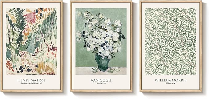 Framed Large Matisse Wall Art for Living Room, 3 Piece Vintage Sage Green Canvas Artwork for Walls, Botanical Floral Prints for Bedroom, Hallway, Home Office Decor, Total Size 30x60 Inches